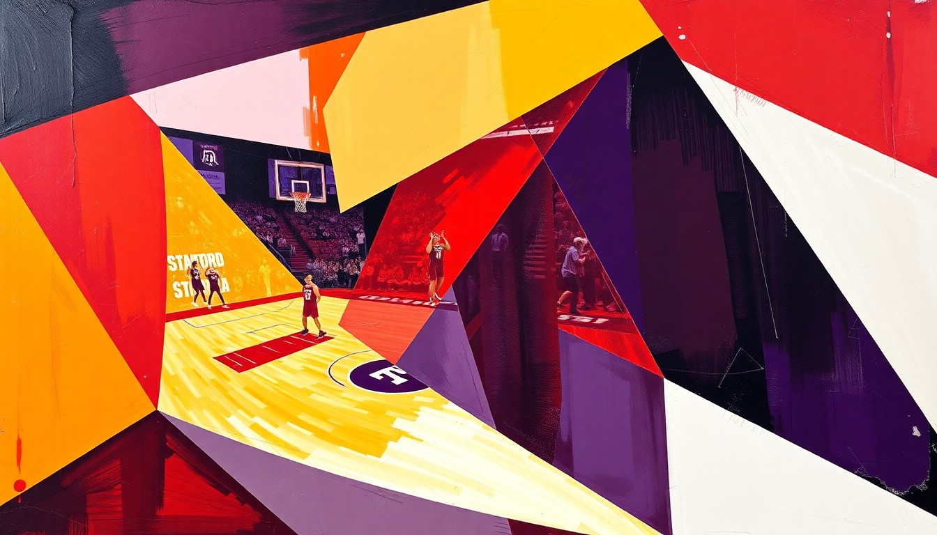 A cubist, geometric painting depicting fragmented, overlapping shapes and planes in the colors of Stanford and TCU, conceptually representing the transition and upheaval in the Stanford women's basketball program.