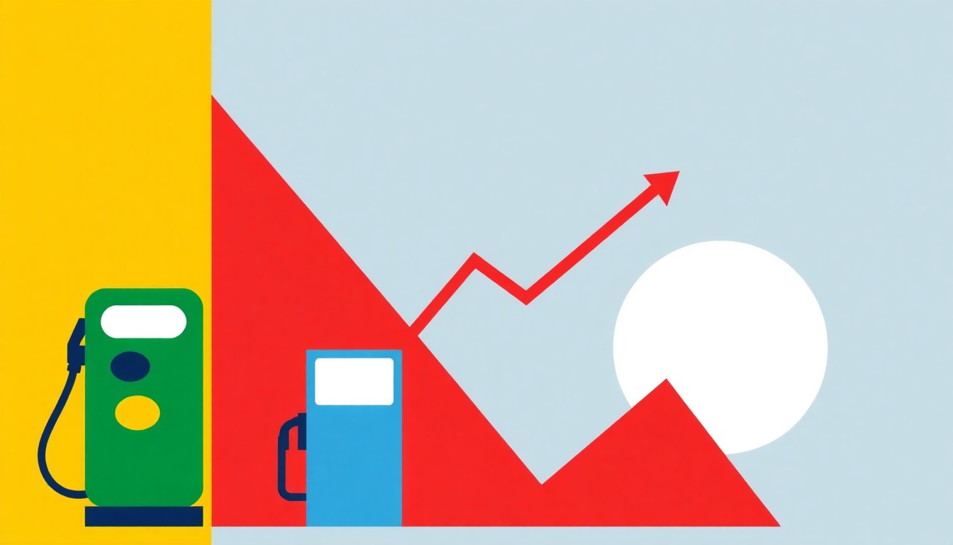 A vibrant abstract composition of overlapping triangles and circles in shades of red, blue, and yellow, conceptually representing the economic tensions and trade-offs around sustainable fuel incentives.
