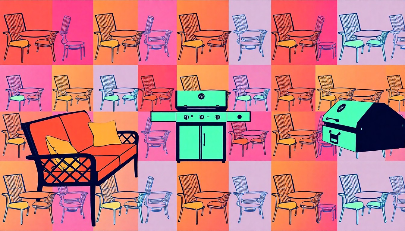 A brightly colored, high-contrast silkscreen print of an outdoor grill repeated in a tight grid pattern, conceptually representing the expansion of outdoor living solutions in Connecticut.