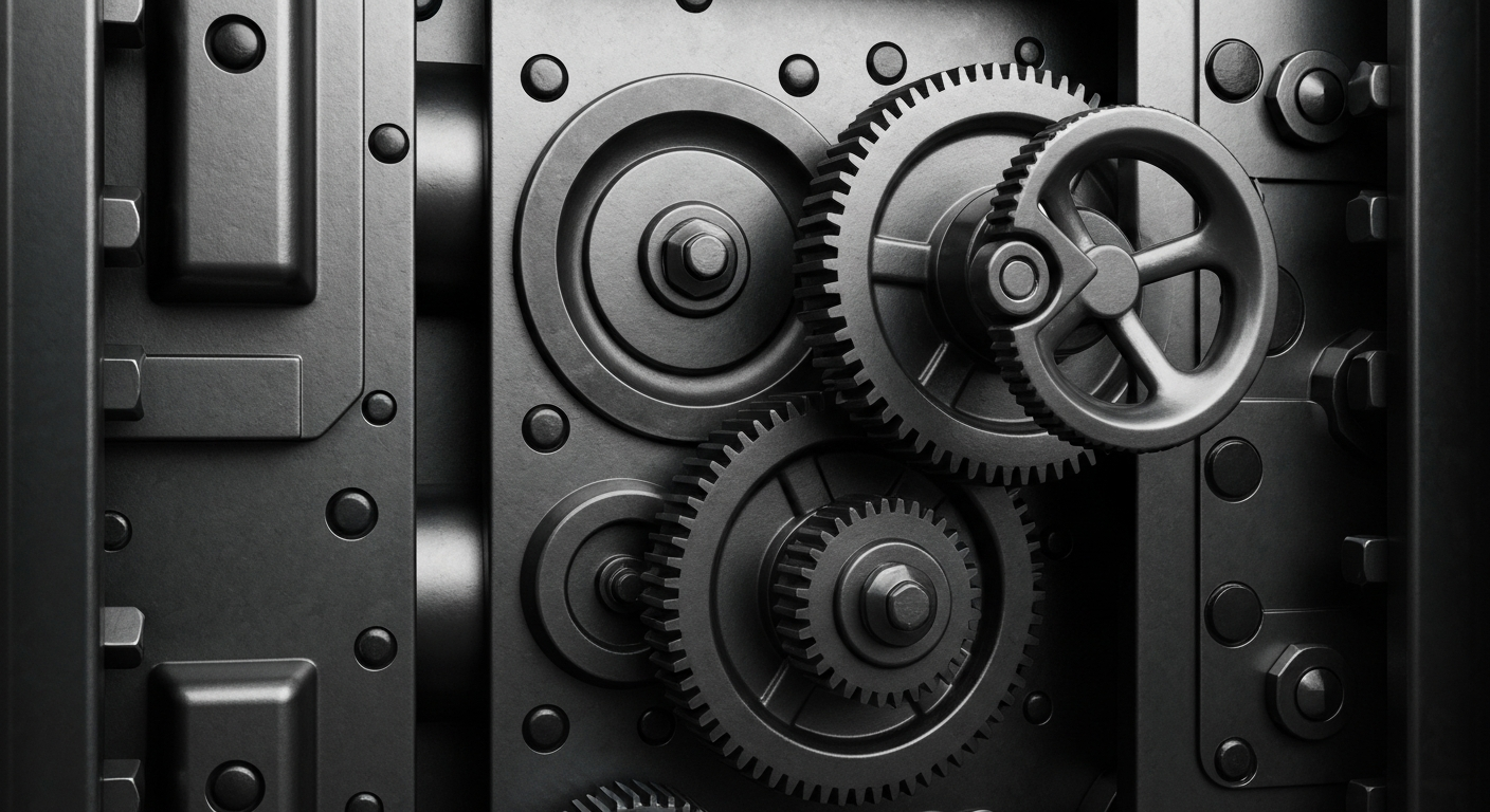 A close-up photograph of the heavy, mechanical components of a bank vault, representing the secure infrastructure of the financial system.