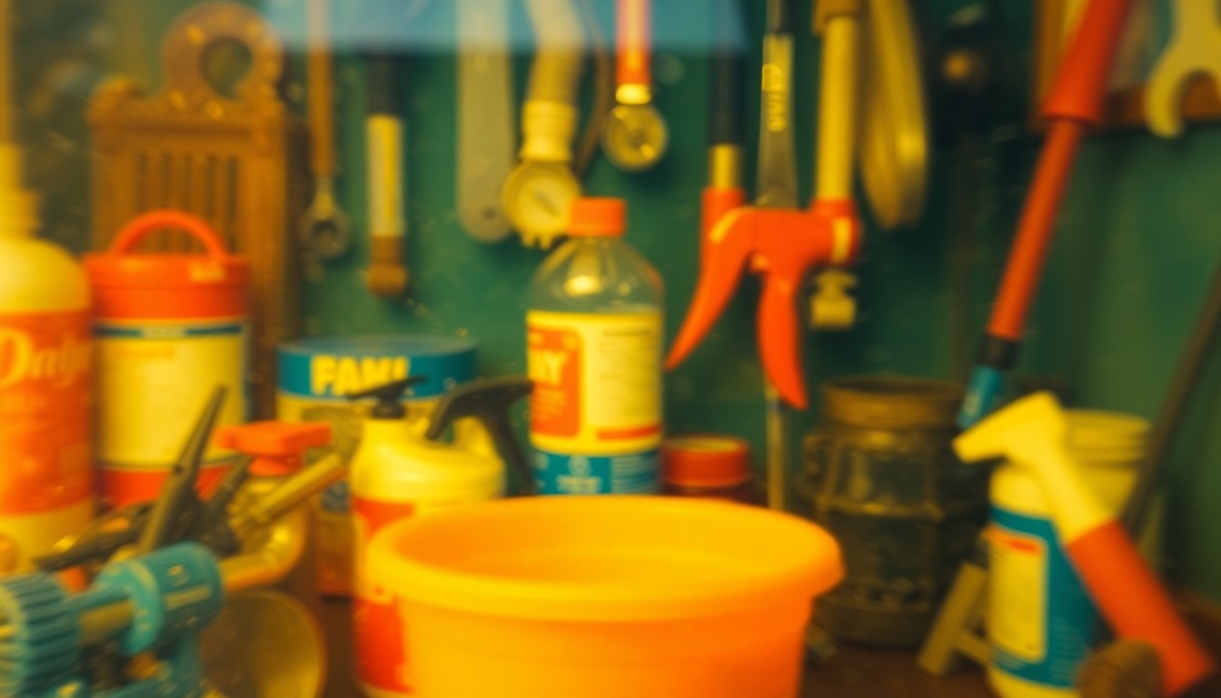 An extremely blurred, abstract image composed of warm-toned shapes and textures representing plumbing tools and supplies, conveying the concept of a plumber's work in a soft, atmospheric style.