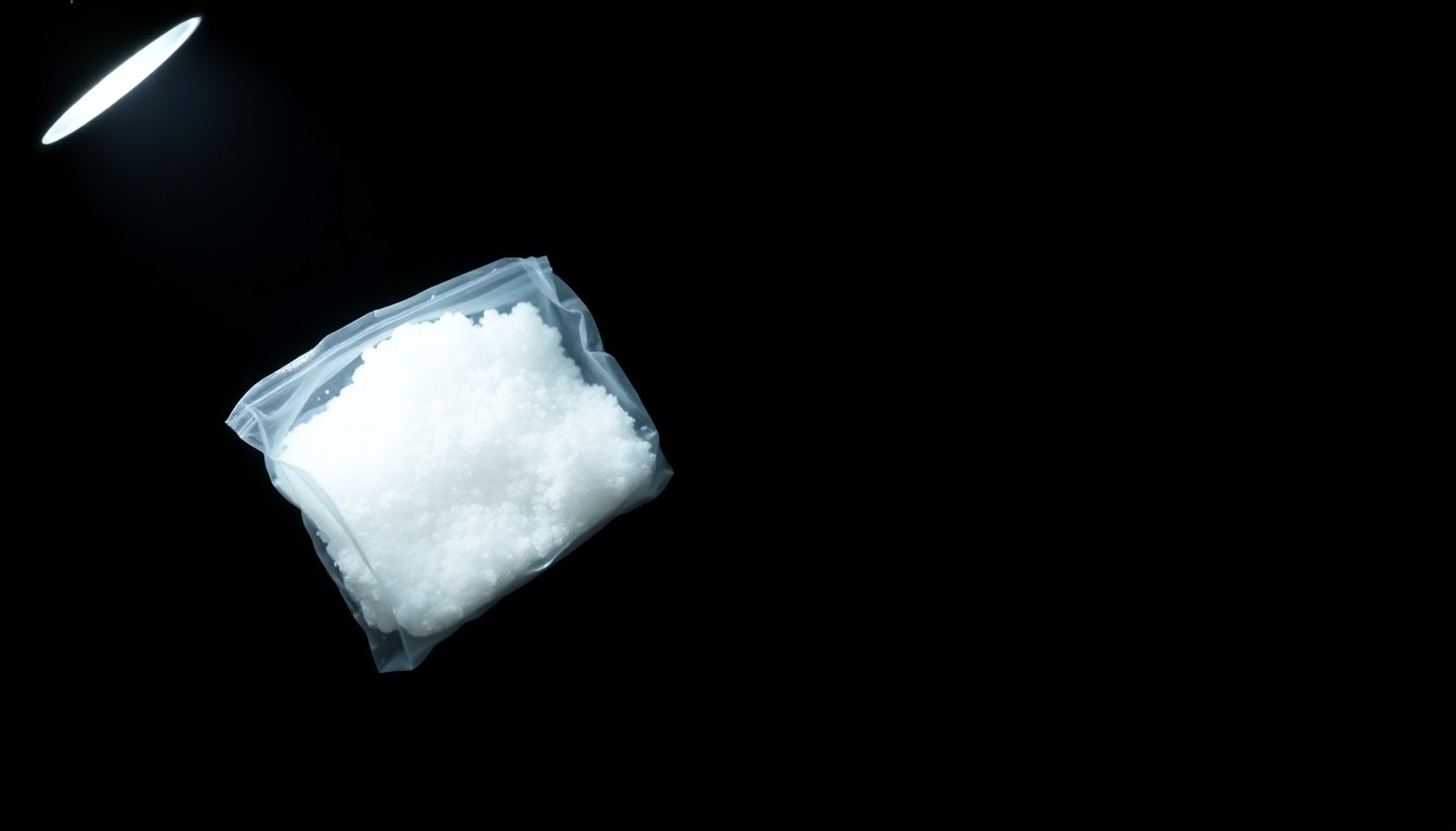 An extreme close-up photograph of a small plastic bag containing a white crystalline substance, lit by a harsh, direct camera flash against a pitch-black background, creating a stark, gritty, investigative aesthetic.