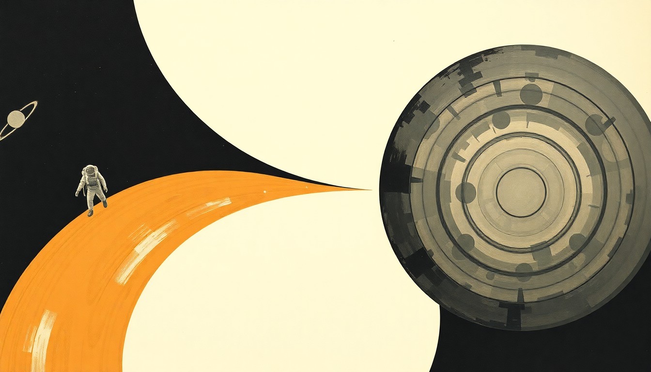 A bold, abstract painting in soft earth tones featuring sweeping geometric arcs, concentric circles, and precise botanical spirals, conveying the personal connection between the Artemis II astronauts and the moon they explored.