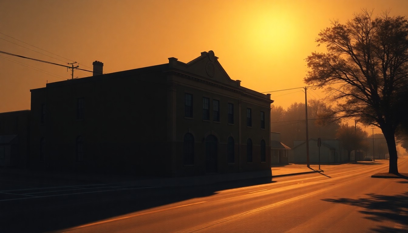 A serene, cinematic painting of a historic building in Halifax, North Carolina, with warm sunlight and deep shadows creating a nostalgic, contemplative mood, conceptually representing the juxtaposition of the state's revolutionary history and its current environmental challenges.