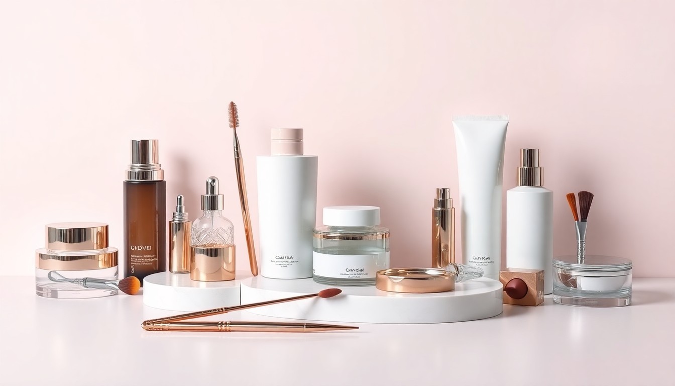 An elegant arrangement of high-end beauty tools and products, including glass jars, metal tools, and marble surfaces, captured in a dramatic studio still life with sharp shadows and a clean, monochromatic background.