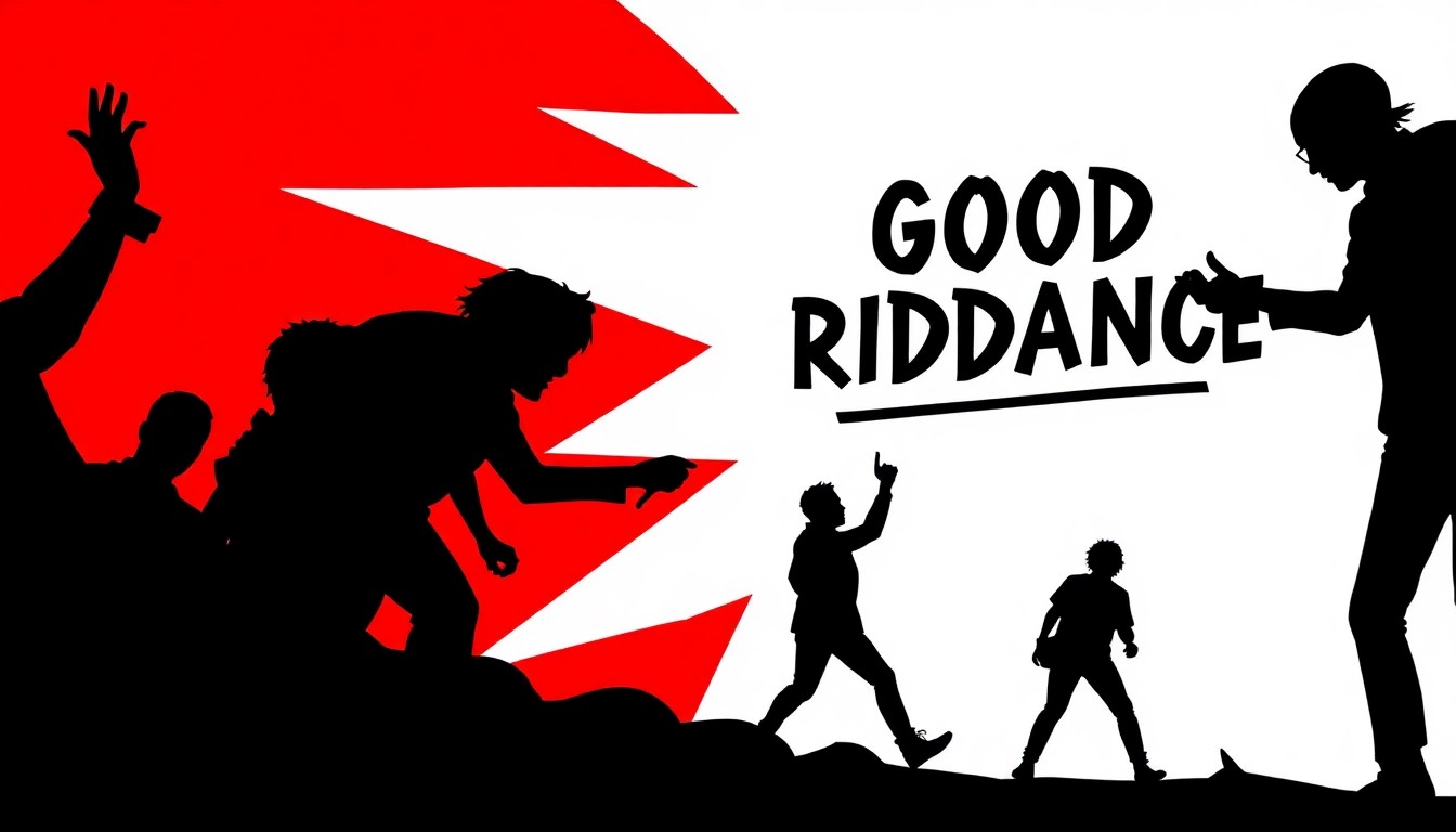 A bold, abstract illustration featuring stark geometric shapes and silhouettes in high-contrast red and black, capturing the raw energy and rebellious nature of punk rock music.