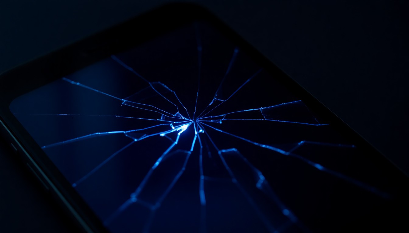 An extreme close-up of a cracked smartphone screen reflecting a faint blue light, conceptually representing the aftermath of a domestic dispute.