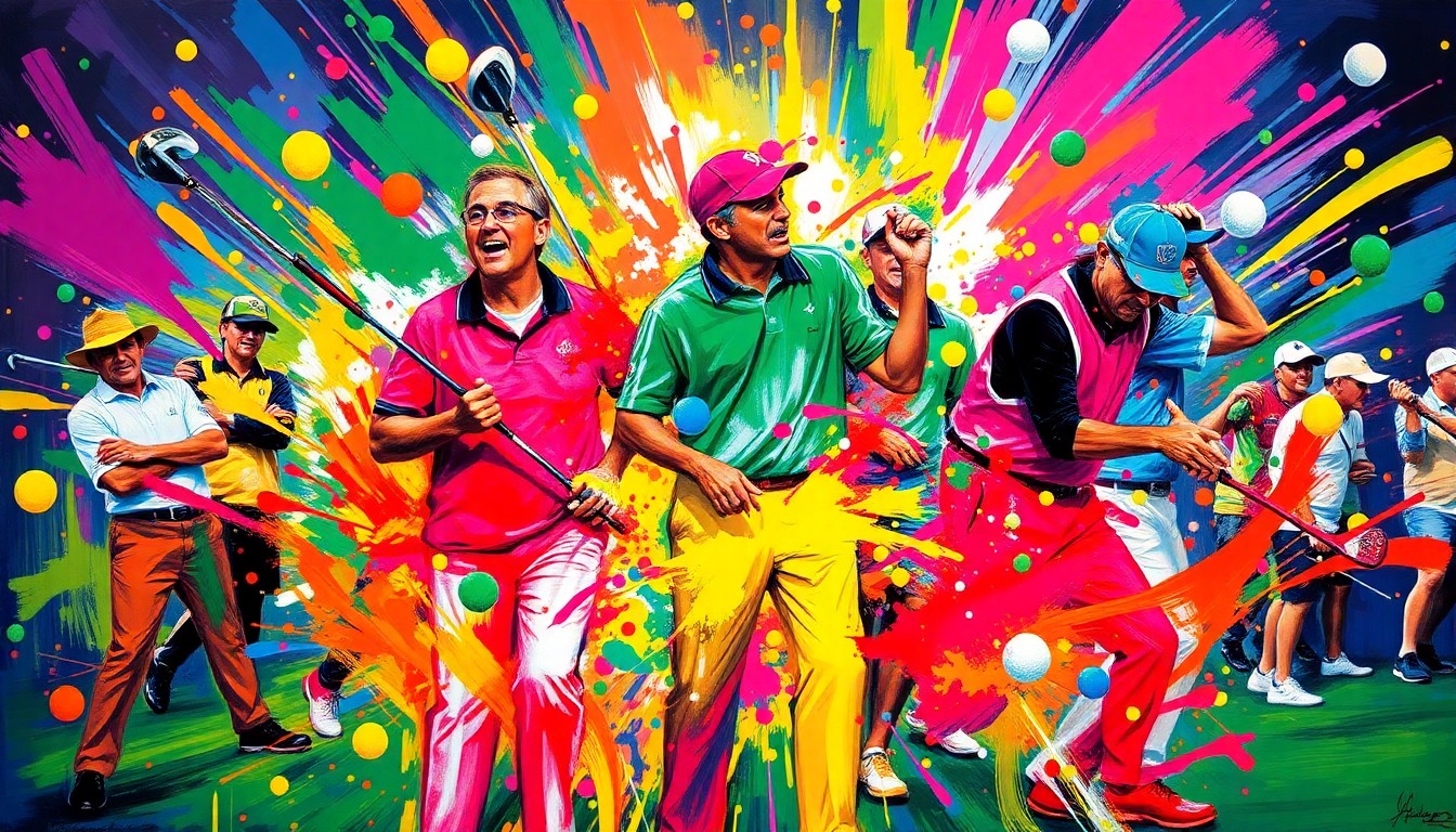 An abstract, expressionist painting featuring vibrant brushstrokes of neon colors capturing the dynamic energy and excitement of celebrity caddies at the Par 3 Contest at Augusta National Golf Club.