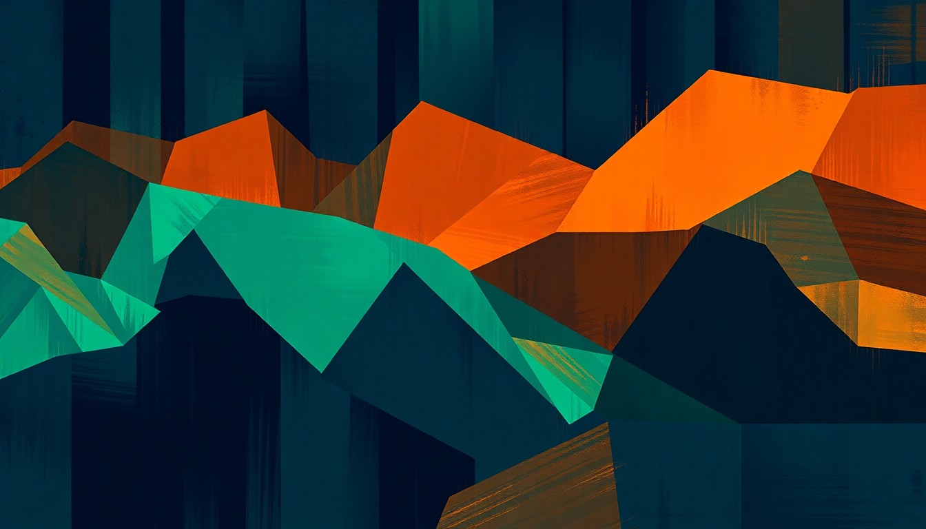 A dynamic, abstract painting of overlapping geometric shapes and brushstrokes in shades of blue, green, and orange, conceptually representing the volatility and uncertainty of financial markets reacting to political events.