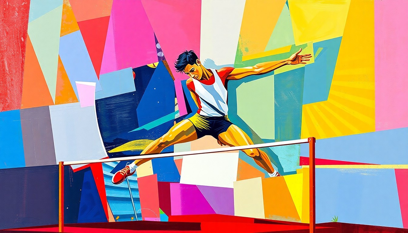 A cubist, geometric painting depicting an athlete in motion during a field event, with sharp, overlapping planes of color representing the dynamic energy of the competition.