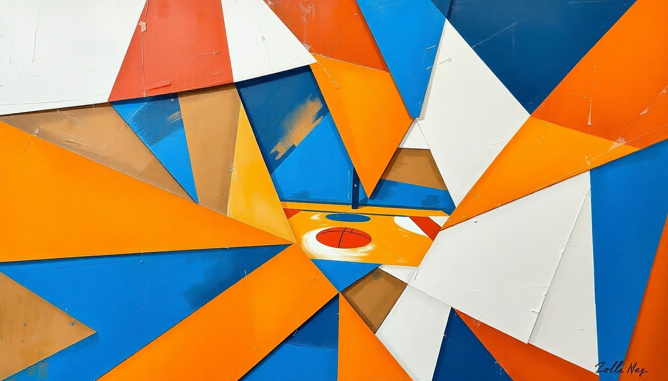 A cubist, geometric painting depicting a fragmented basketball court scene in shades of orange, blue, and white, conveying the dynamic energy of the sport.
