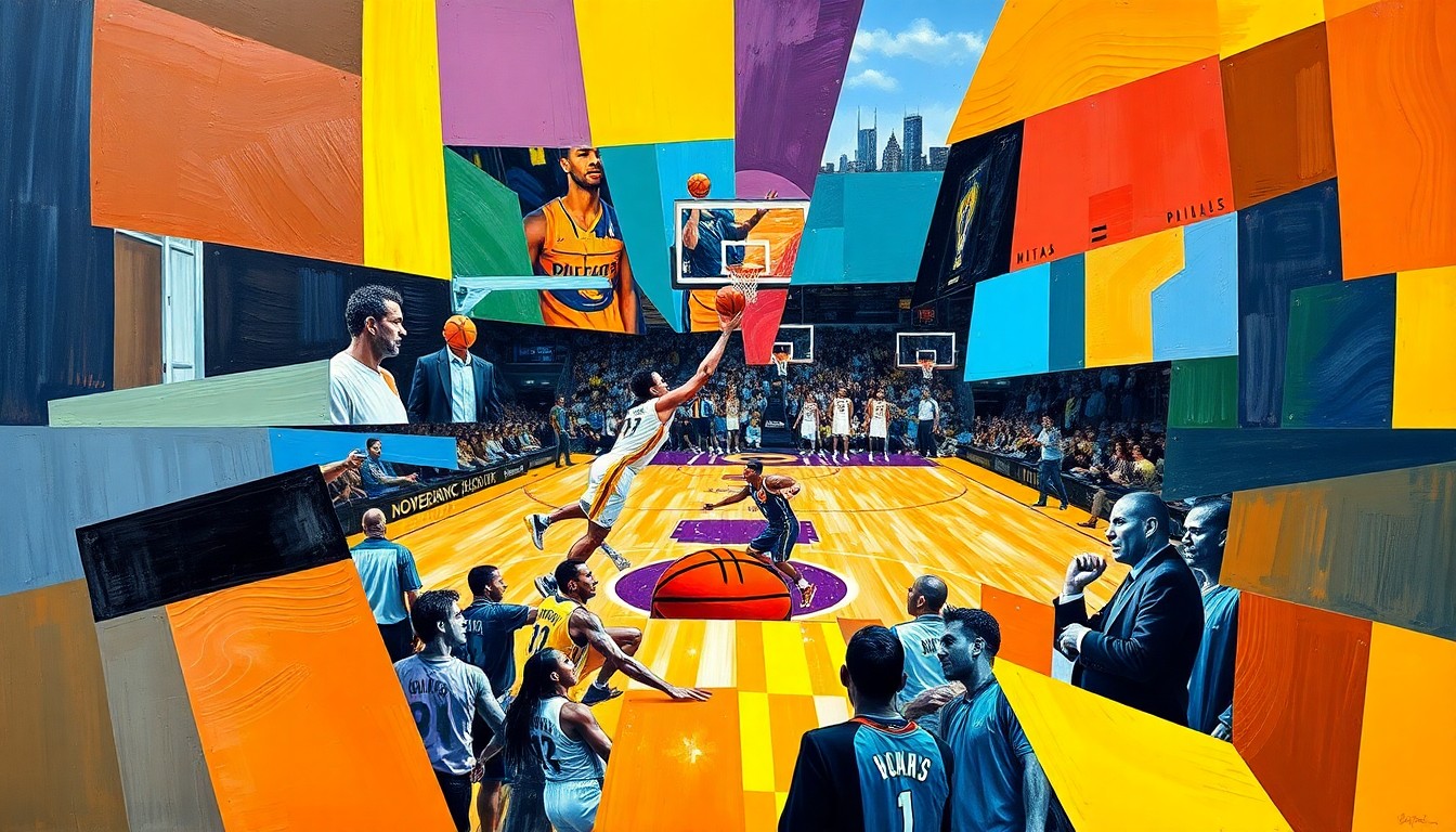 A cubist, geometric painting depicting a fragmented basketball game, with sharp planes of color representing the Lakers and Mavericks uniforms, conceptually illustrating the dispute over the diagnosis of Austin Reaves' injury.