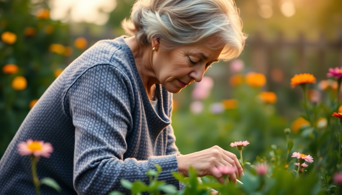 An extremely abstracted, out-of-focus photograph in warm, soft tones depicting an elderly woman tending to her garden, with blurred flowers and greenery in the background, conceptually representing the life and legacy of Chloe Ella Adkins Ray.