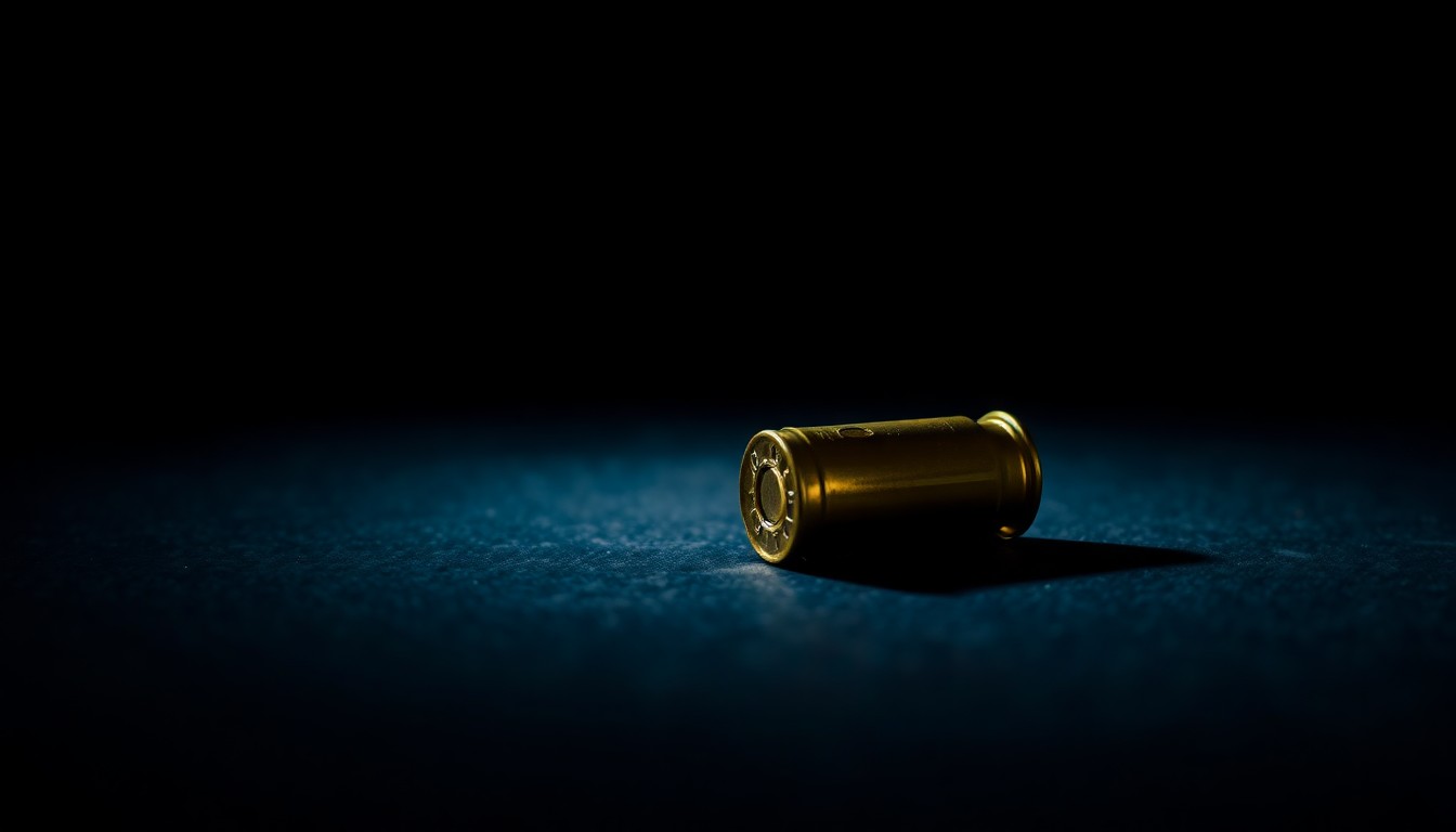 An extreme close-up photograph of a single spent shell casing on a dark surface, lit by a harsh, direct camera flash, conceptually illustrating the aftermath of a violent crime.