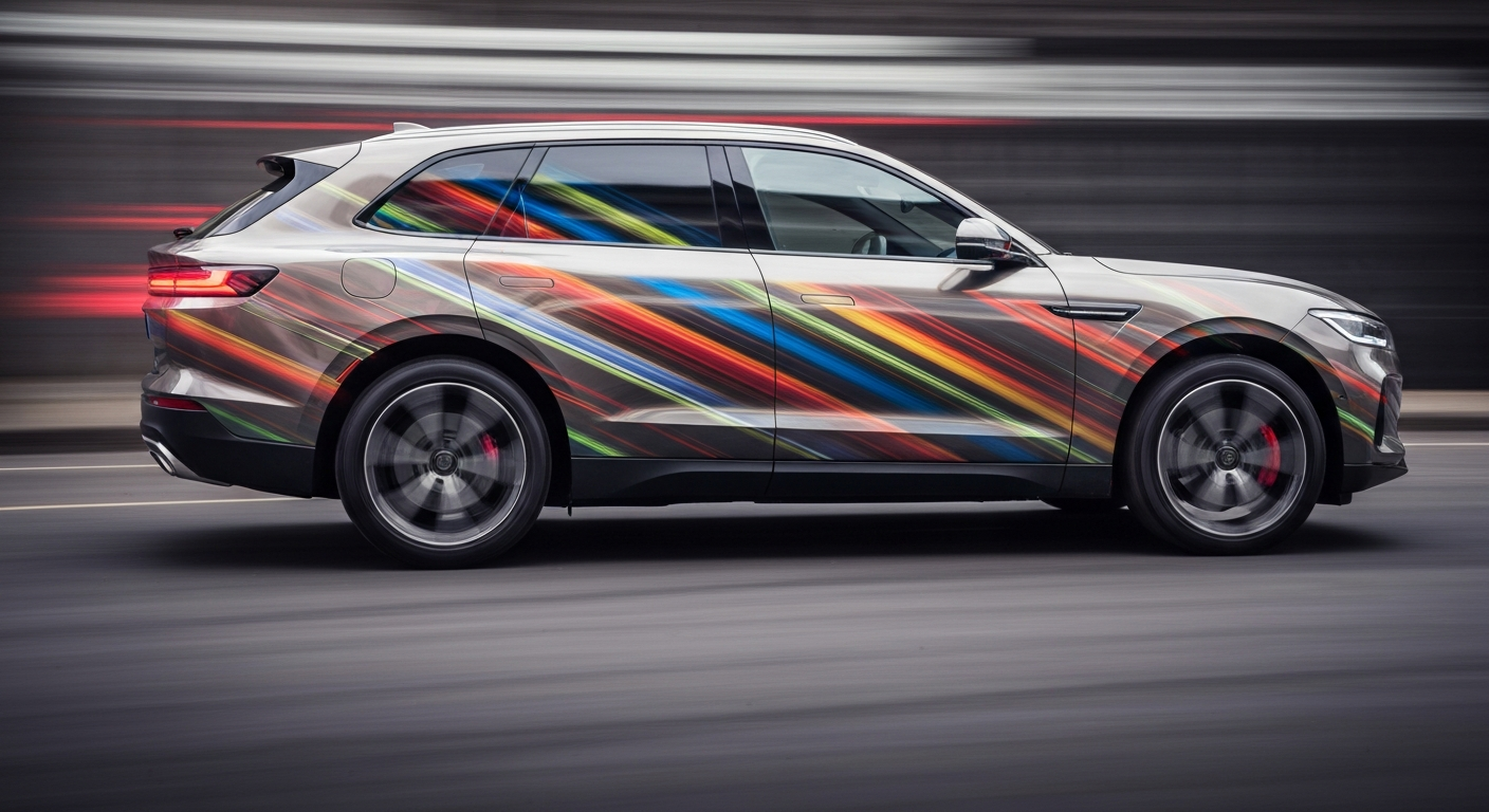 An abstract, colorful image featuring sweeping, blurred lines and shapes that convey the motion and energy of a large electric SUV, conceptually representing Volkswagen's vision for a premium yet understated flagship model.