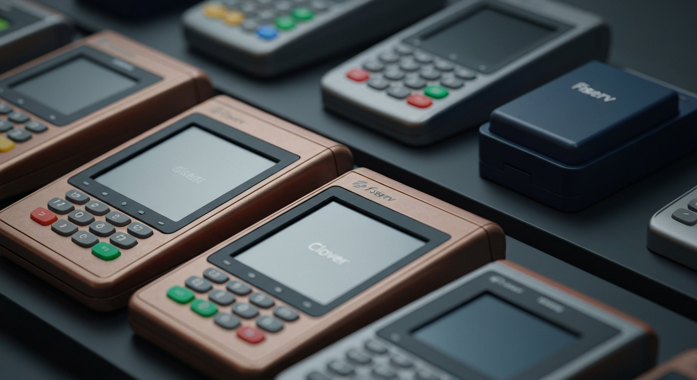 A close-up, cinematic view of Fiserv's Clover point-of-sale terminals and payment processing hardware, conveying the company's role in the financial technology infrastructure through a heavy, industrial visual style.
