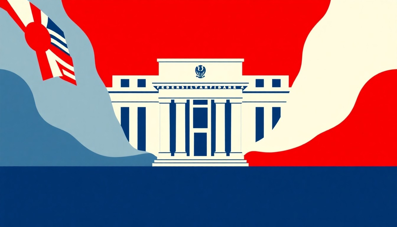 A geometric abstract illustration using bold red, blue, and yellow shapes to conceptually represent the competing economic forces and policy challenges facing the Federal Reserve in the wake of the Iran war.