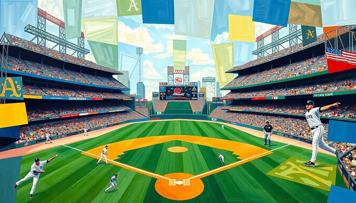 A fractured, geometric painting in vibrant colors representing a baseball game between the New York Yankees and Oakland Athletics, with sharp, overlapping planes capturing the dynamic action on the field.