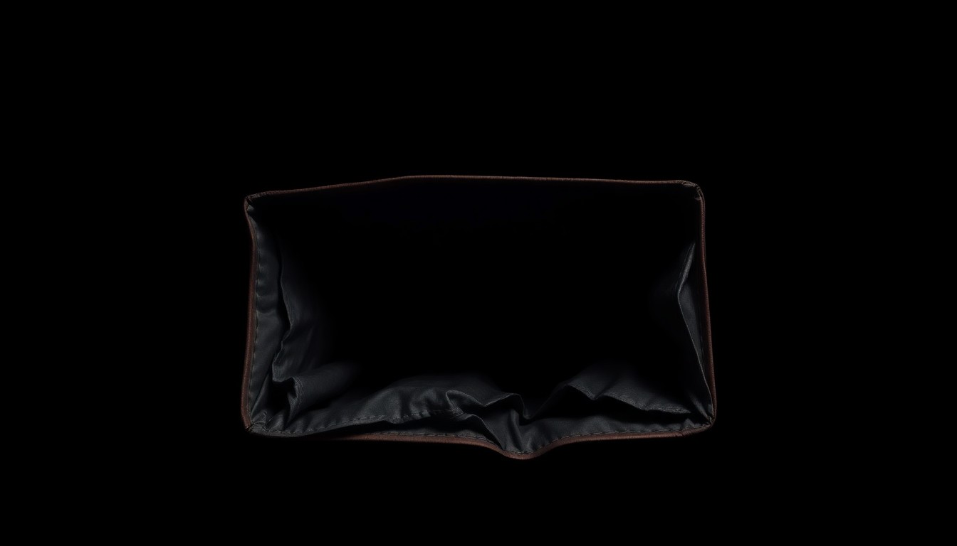 An extreme close-up photograph of a crumpled, empty wallet against a pitch-black background, conceptually illustrating the financial damage caused by a fraud scheme at a public defender organization.