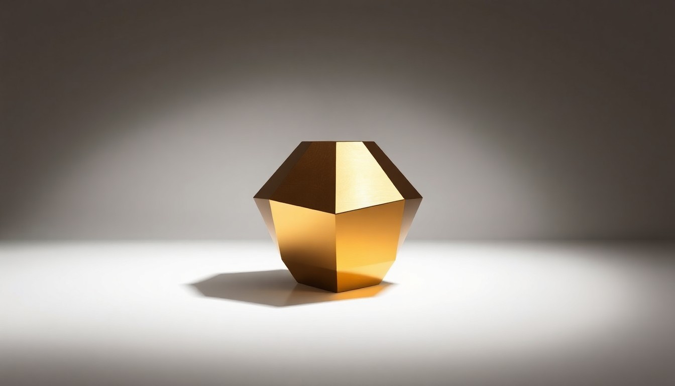 A high-end, photorealistic studio still-life photograph featuring a polished, geometric brass sculpture or vase floating on a clean, white background and illuminated by dramatic studio lighting, conceptually representing the premium collection of art and antiques at the new M.S. Rau gallery in Aspen.