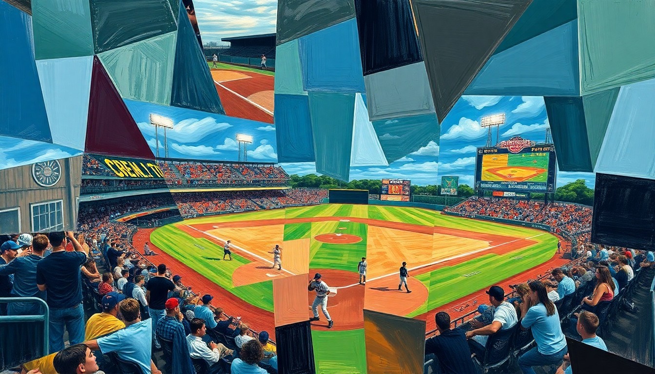 A cubist, multi-perspective painting depicting a high school baseball game broken down into sharp, overlapping geometric shapes and planes, conveying the tension and energy of the close contest.