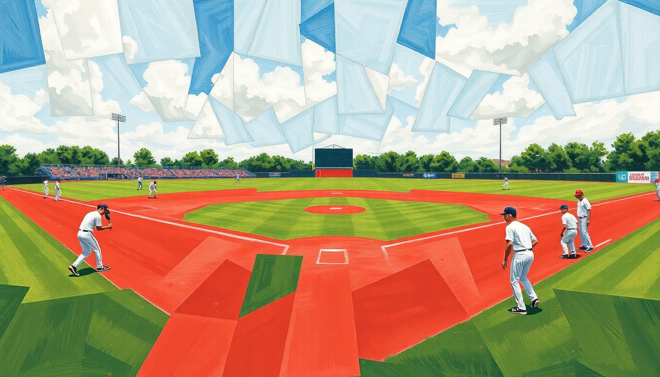 A cubist, geometric painting depicting the chaotic action of a high school baseball game, with overlapping planes of green, white, and red representing the field, uniforms, and dirt.