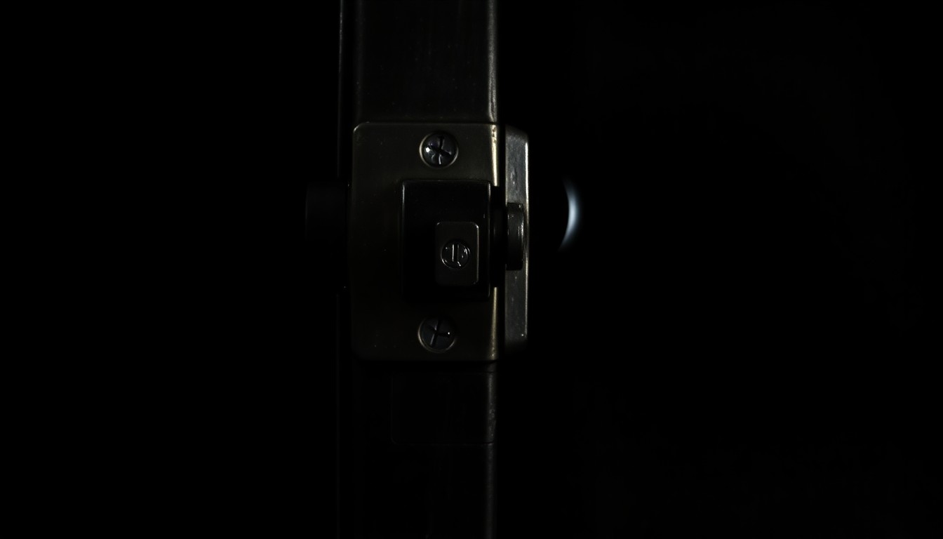 An extreme close-up photograph of a metallic school door lock mechanism, lit by a harsh, direct camera flash against a pitch-black background, conceptually representing the security concerns raised by the school lockdown incident.