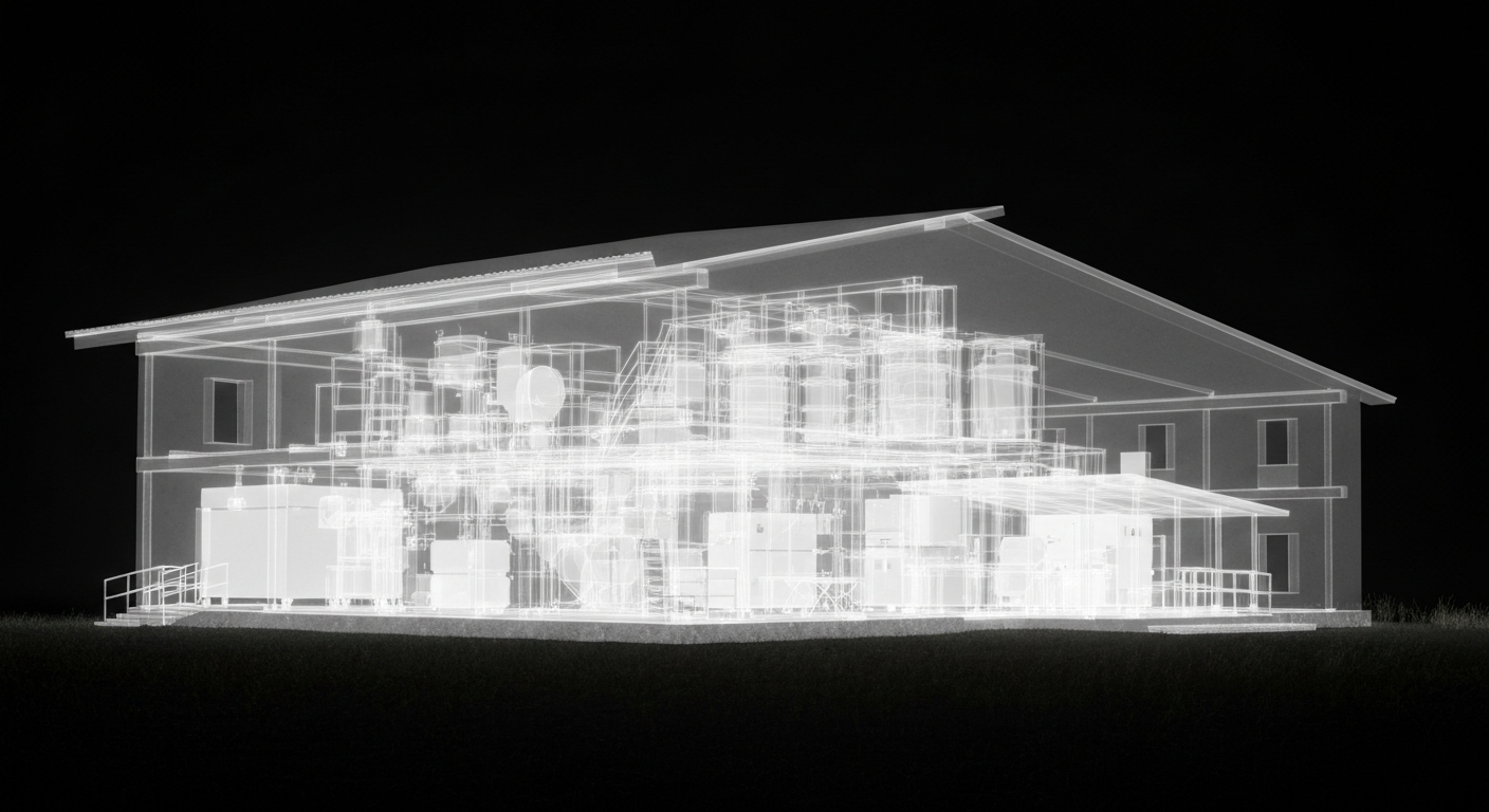 A translucent X-ray photograph showing the internal structure and equipment of a rural hospital building, with the various components glowing against a dark background to convey the unseen complexities that sustain the facility's operations.