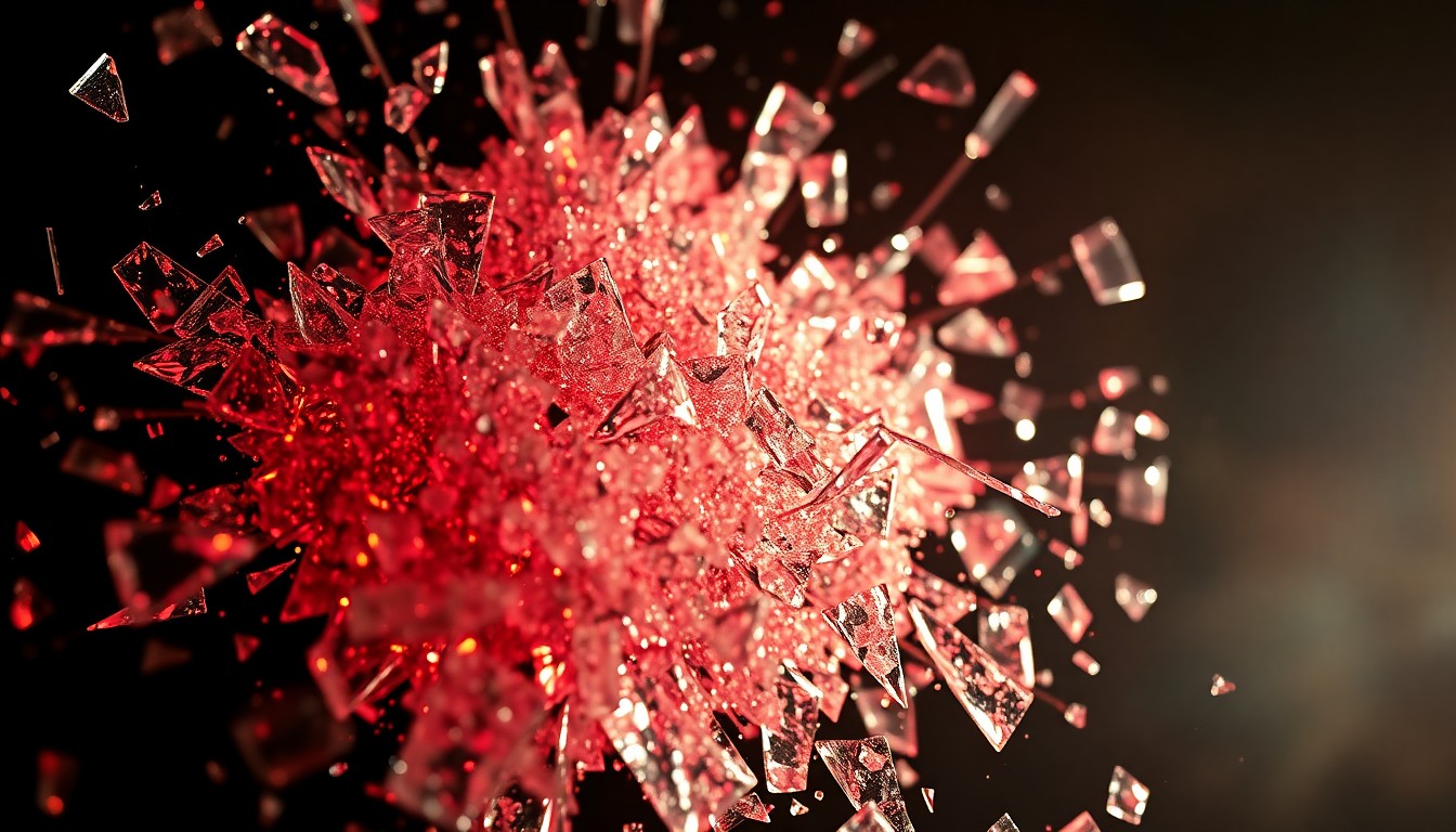 An extreme close-up photograph of shattered glass and glittering shards in high-contrast studio lighting, conceptually representing the gritty, high-stakes world of 50 Cent's rise to fame.