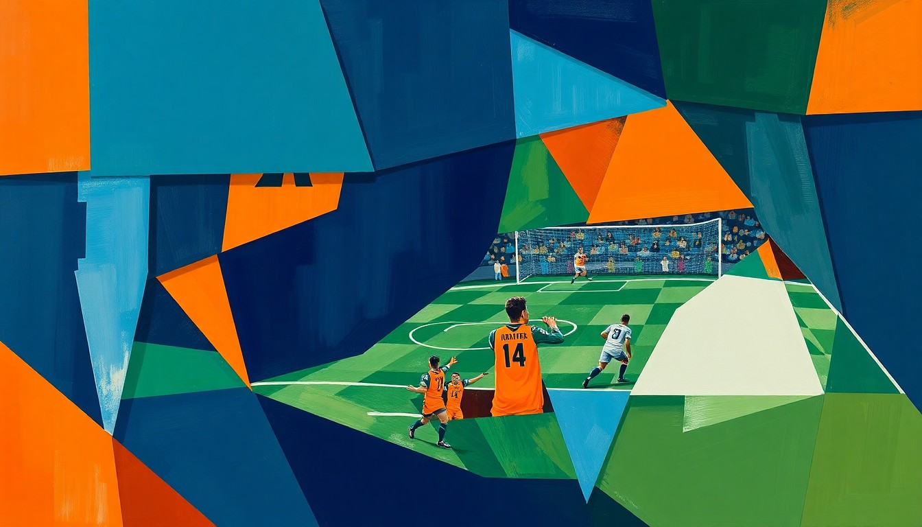 A fragmented, geometric painting depicting a football game or match, with sharp planes of navy blue, burnt orange, and forest green overlapping to create a dynamic, multi-angled visual representation of the sport.