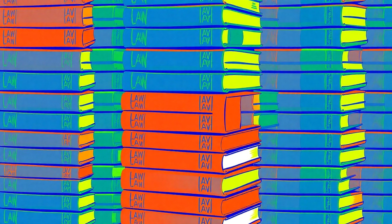 A bold, colorful silkscreen-style illustration featuring a repeating pattern of stacked law books in vibrant shades of blue, green, and orange, conceptually representing the University of Miami School of Law's national recognition for its academic programs.