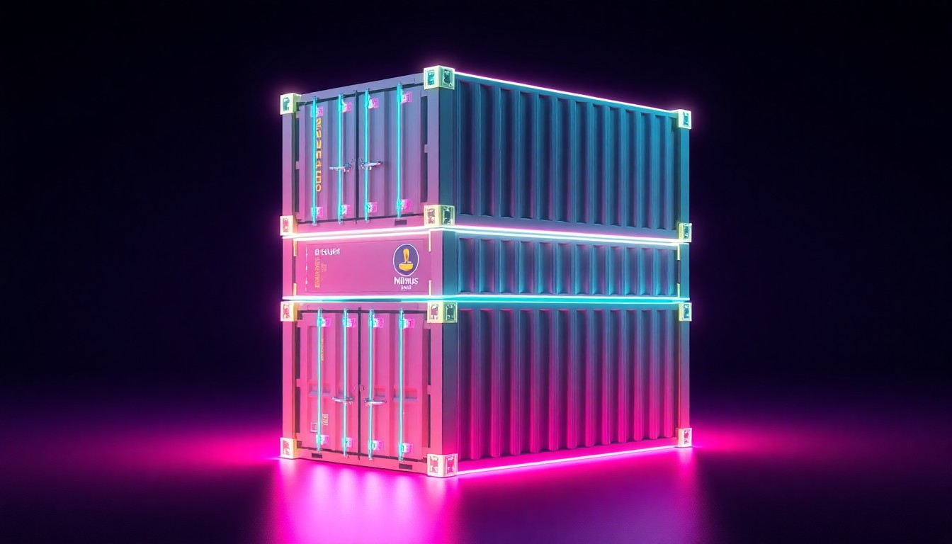 A highly detailed, glowing 3D illustration of a stack of container images with neon cyan and magenta lights emanating from the edges, conceptually representing the secure and hardened nature of Minimus's container image technology.