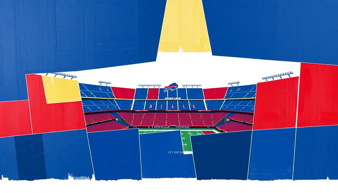 A fractured, cubist-style painting depicting the geometric deconstruction of Highmark Stadium, the home of the Buffalo Bills, in shades of navy blue, red, and gold, capturing the iconic venue's impending demolition.