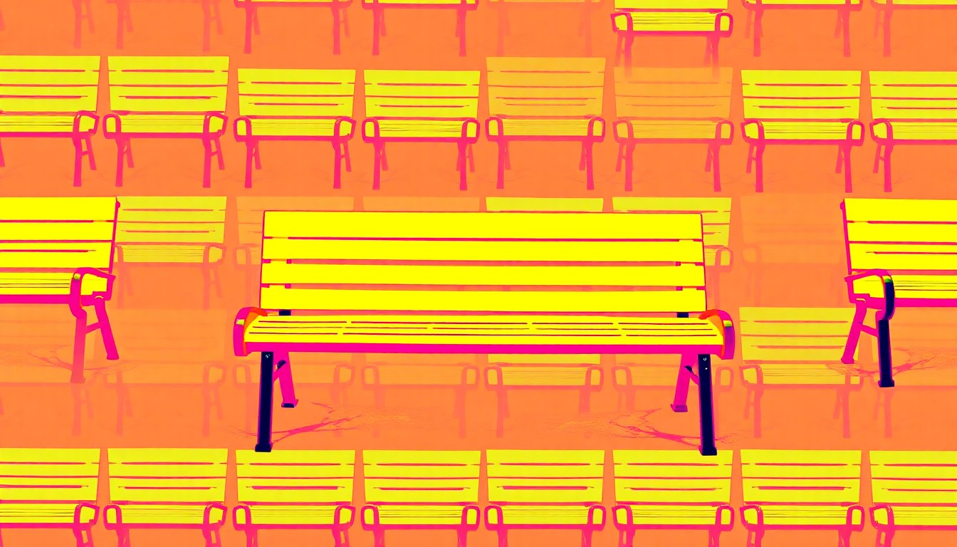 A brightly colored, high-contrast silkscreen print of a park bench repeated in a tight grid pattern, in the style of Andy Warhol. The image utilizes flat, vibrant, and unnatural neon color palettes overlapping with heavy black photographic outlines to turn the everyday park element into modern pop art.