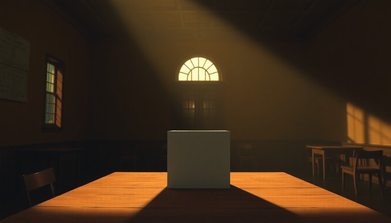 A solitary, dimly lit ballot box sits on a wooden table in an empty government office, the scene bathed in warm, diagonal sunlight and deep shadows, conveying a sense of quiet contemplation around the integrity of the electoral process.
