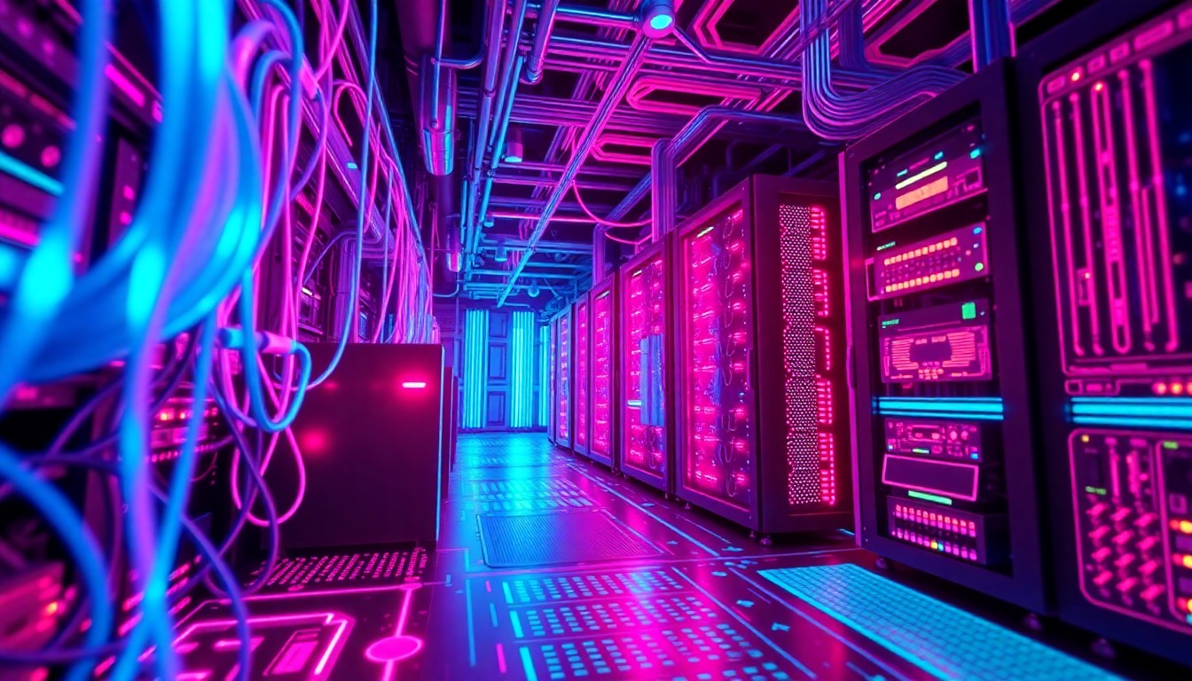 A highly detailed 3D illustration featuring glowing digital infrastructure elements like fiber optic cables, circuit boards, and data servers in neon cyan and magenta hues, conceptually representing the technical challenges of automating the description of visual emergency information.