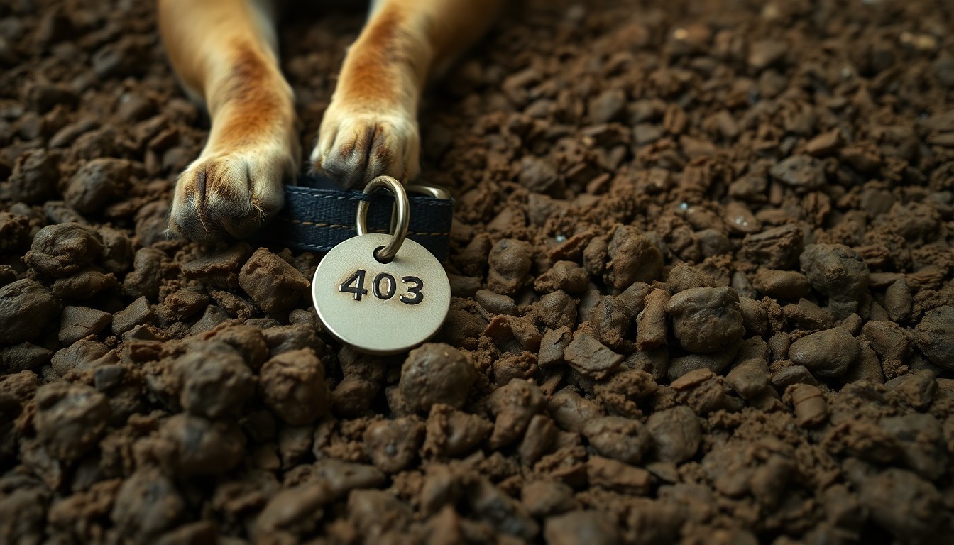 An extreme close-up of a dog collar and tag lying on a floor covered in thick, matted animal feces, conceptually illustrating the unsanitary and inhumane conditions discovered in this animal cruelty case.