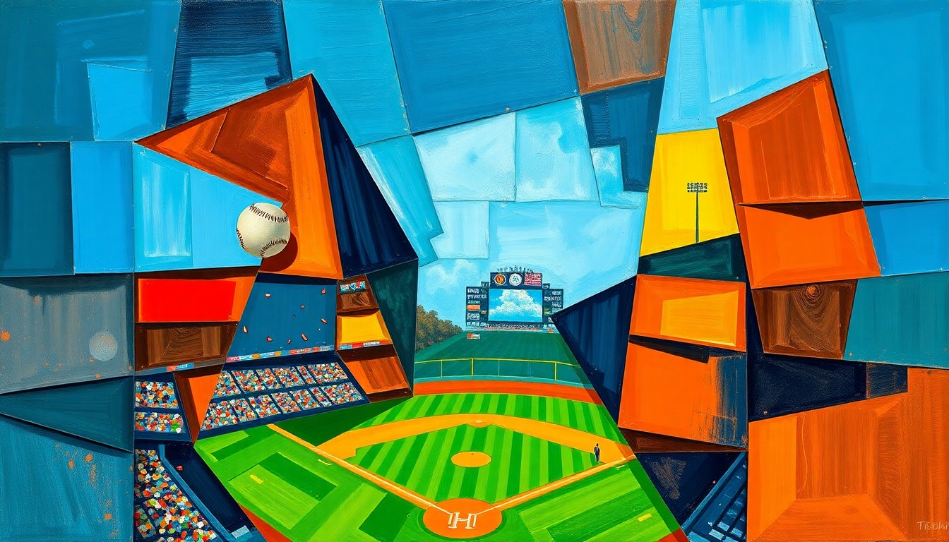 A fractured, cubist-style painting depicting a baseball game broken down into overlapping geometric shapes and planes, using a vibrant color palette of navy, green, and orange to capture the dynamic energy of the sport.