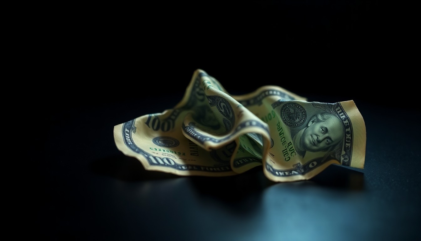 An extreme close-up of a crumpled dollar bill reflecting a harsh, direct camera flash, conceptually representing the financial disputes that can lead to violence.