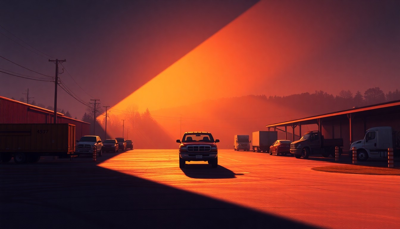 A serene, photorealistic painting of an empty county highway maintenance yard with a pickup truck and road equipment in the foreground, bathed in warm, golden sunlight and deep shadows, conveying a sense of quiet contemplation around the county's infrastructure priorities.