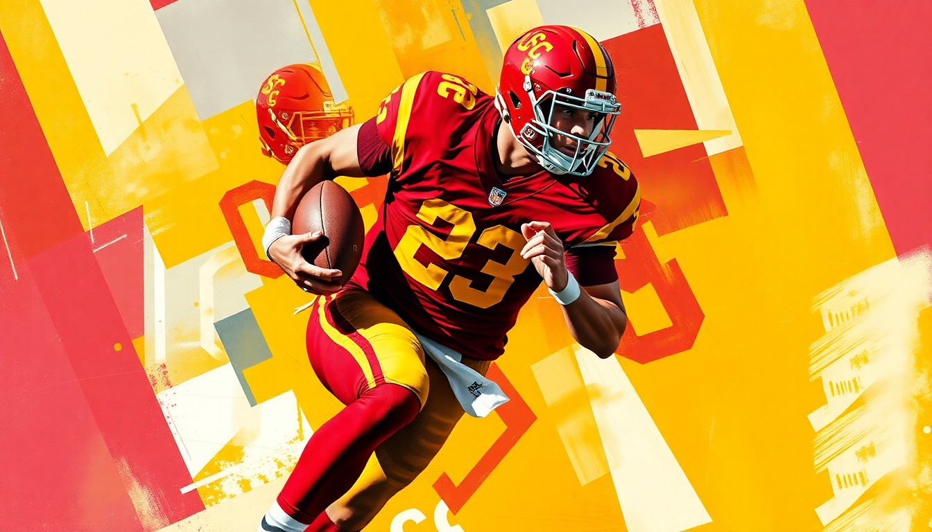 A cubist, geometric painting depicting a football player in motion, broken down into overlapping planes of cardinal red and gold, representing the uncertainty surrounding Makai Lemon's NFL draft stock.