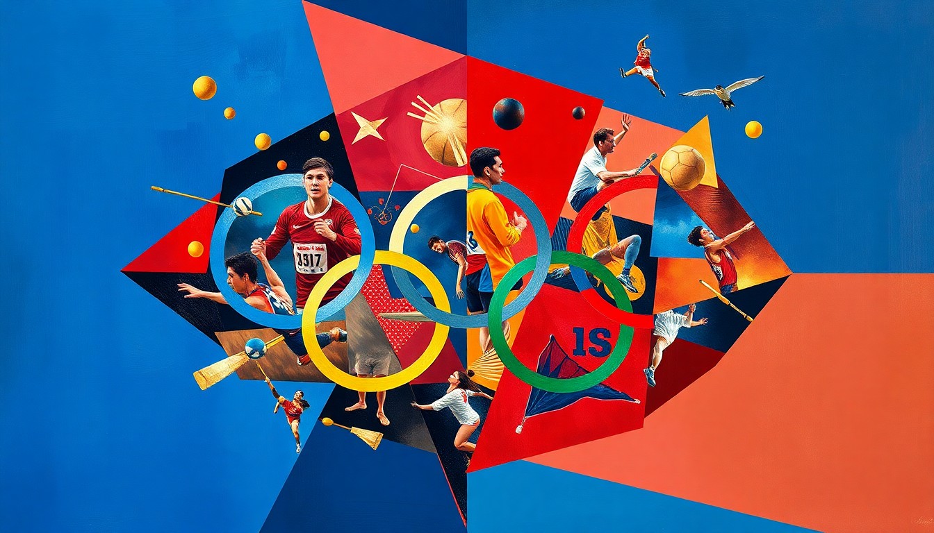 A cubist, geometric painting depicting fragmented, overlapping scenes of various Olympic sports and events, rendered in a palette of deep blues, vibrant reds, and metallic golds, conceptually representing the fractured accessibility of the 2028 Los Angeles Olympics for the local community.