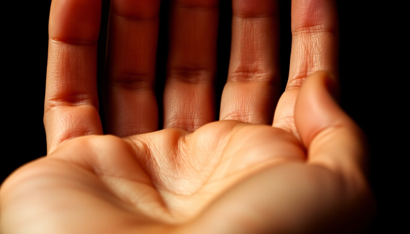An extreme close-up photograph of an actor's hand, showing the intricate textures and details of the skin in dramatic, high-contrast studio lighting, conceptually representing the resilience and determination of a public figure facing health challenges.