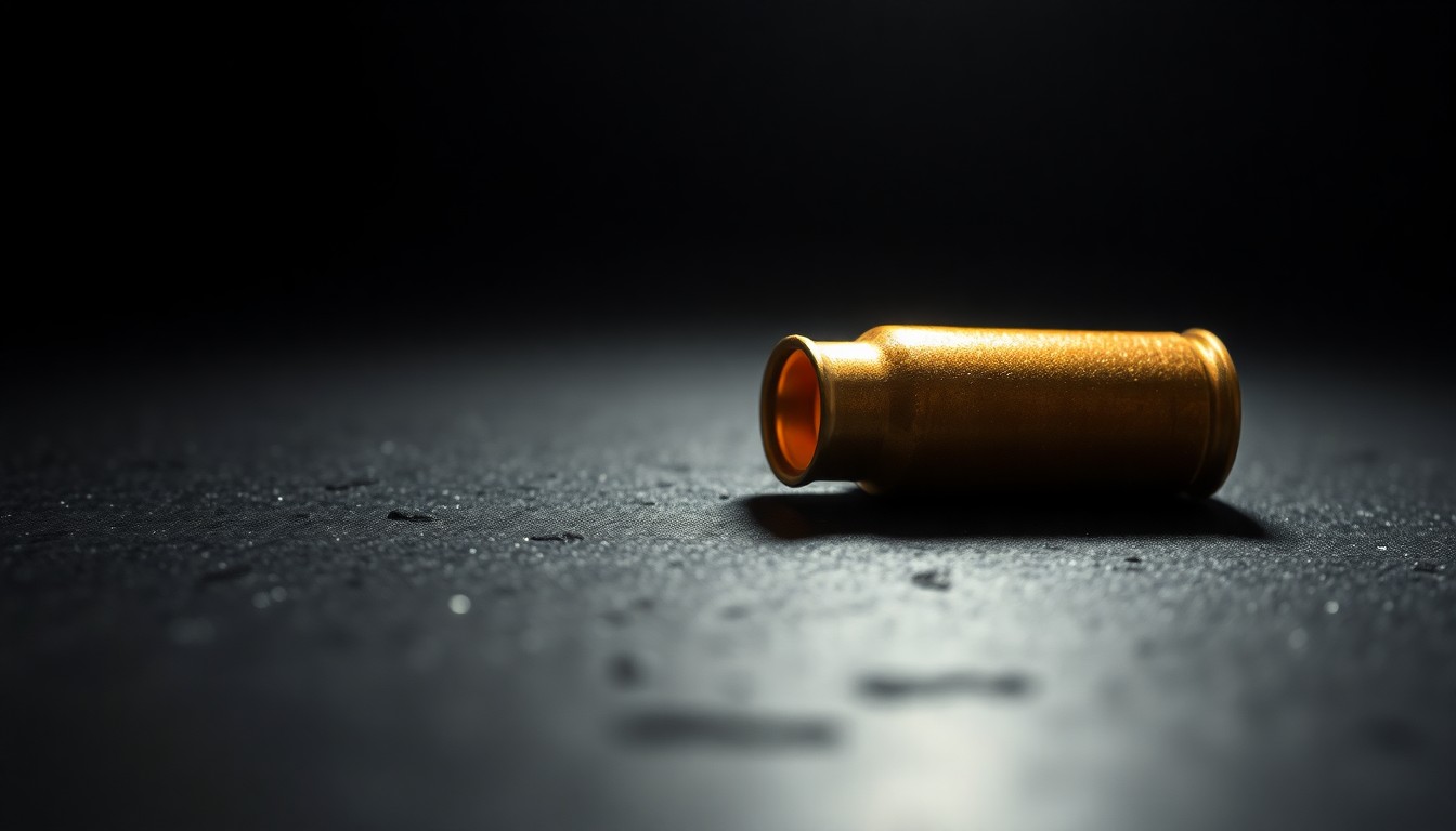 An extreme close-up photograph of a single spent bullet casing on a dark, textured surface, lit by a harsh camera flash, conceptually representing the aftermath of a shooting incident.
