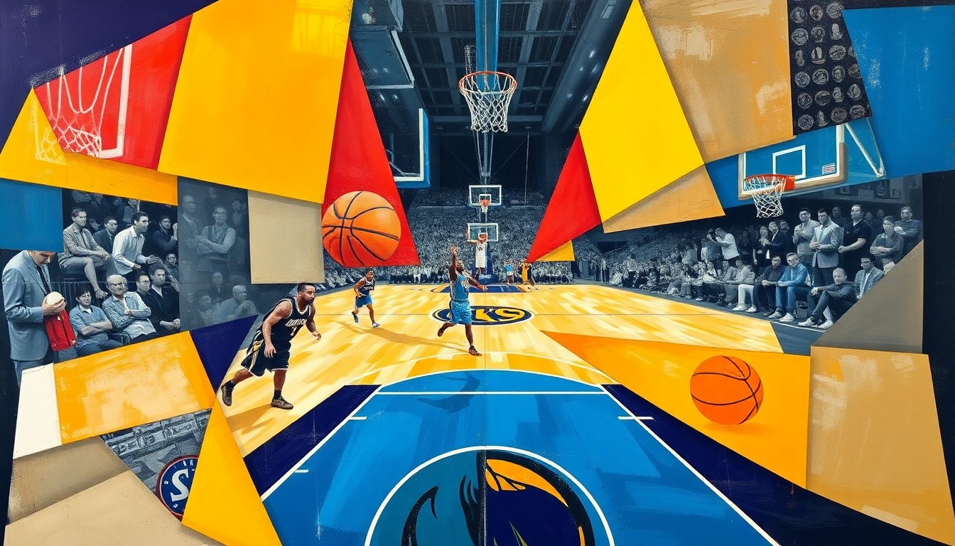 A conceptual illustration in the cubist style, featuring fragmented and overlapping geometric shapes in shades of blue, orange, and gray, representing the complex dynamics of a basketball trade between two teams.