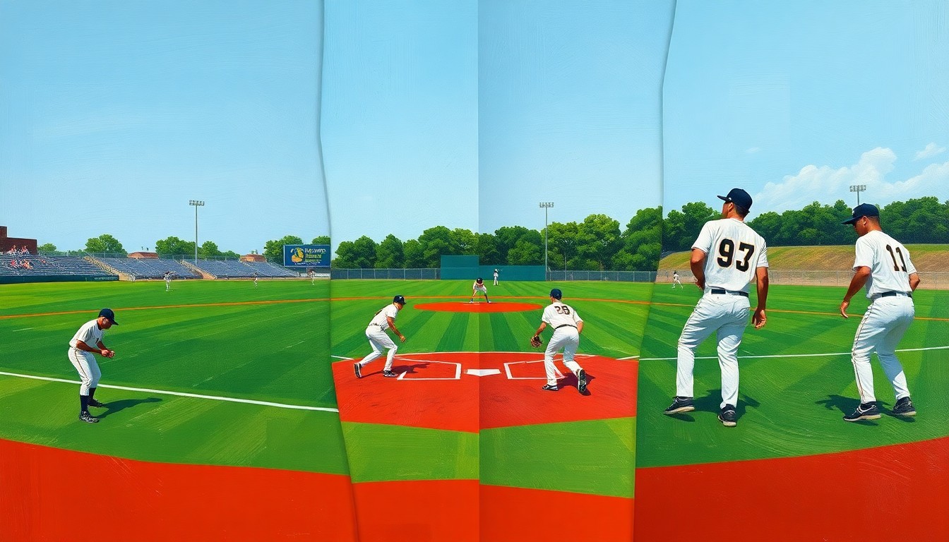 A cubist-style painting featuring overlapping geometric shapes and planes of green, red, and white, representing the dynamic movements and competing forces of a high school baseball game.