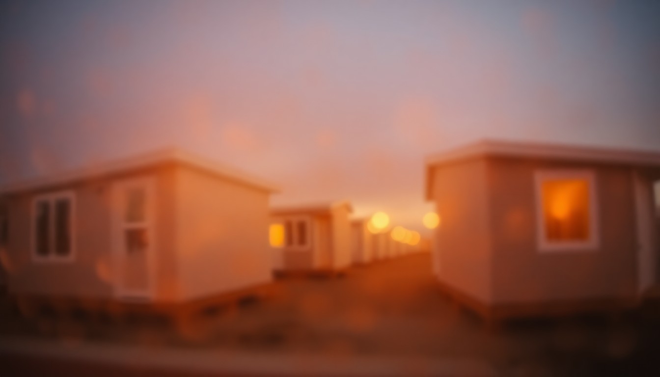 An abstract, impressionistic photograph showing the blurred outlines of modular home components being assembled, with the scene obscured by a hazy, rain-streaked lens, conveying a sense of the industry's current challenges.