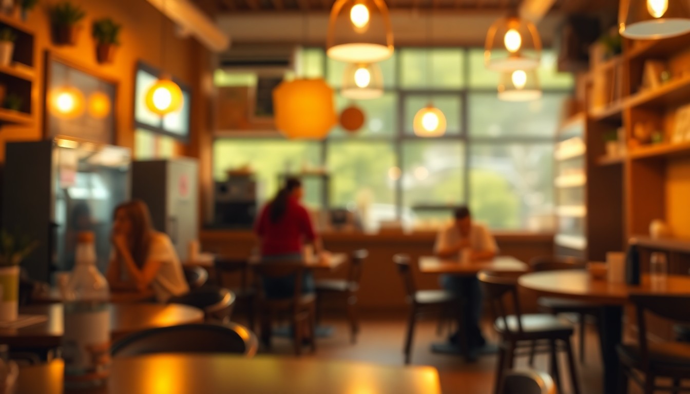 An abstract, out-of-focus scene of a cozy coffee shop interior, with warm pools of light and color reflecting off the surfaces, conveying a sense of community and acceptance.