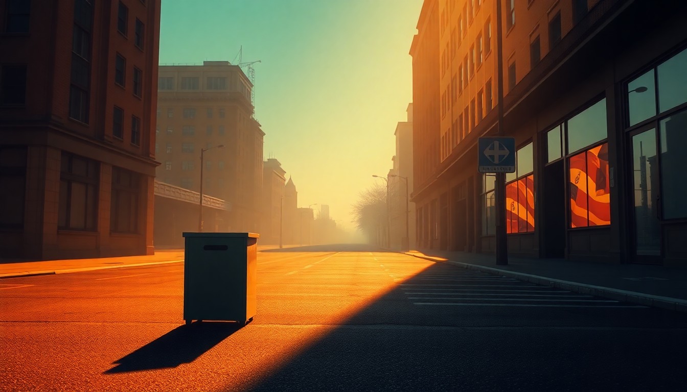 A close-up view of an old-fashioned metal ballot box sitting alone on an empty city street, with the box partially illuminated by warm, golden sunlight and surrounded by deep shadows, conveying a sense of isolation and uncertainty about the future of voting rights.