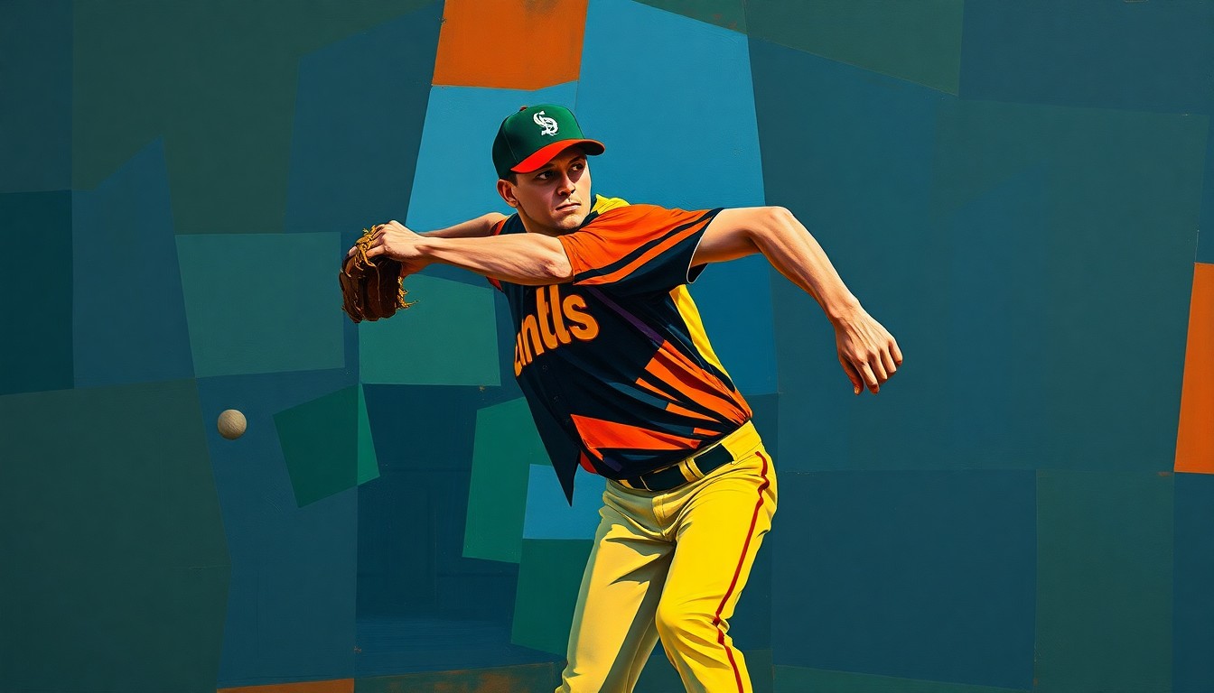 A fragmented, geometric painting depicting a baseball pitcher's windup and delivery, with sharp planes of navy, green, and orange overlapping to create a dynamic, abstract representation of the sport.
